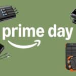 A vibrant outdoor scene featuring a collection of modern power banks and chargers on a rustic wooden table, with autumn foliage and warm sunlight in the background, highlighting the convenience of portable power solutions during Amazon's Prime Big Deal Days.