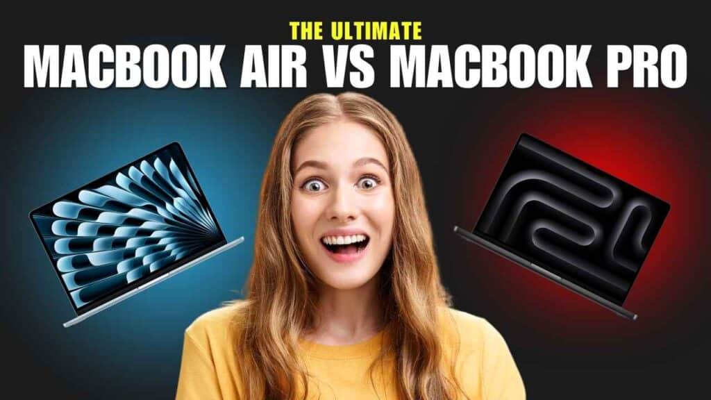 A sleek, modern MacBook Air (left) and MacBook Pro (right) besides a young smiling girl, showcasing their distinct profiles and screen sizes. MacBook Air vs MacBook Pro 2025