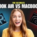 A sleek, modern MacBook Air (left) and MacBook Pro (right) besides a young smiling girl, showcasing their distinct profiles and screen sizes.