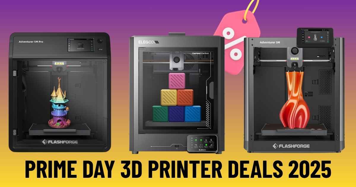 A collection of 3D printers including Elegoo Centauri Carbon and Anycubic Photon Mono 4 displayed on a workspace, showcasing Prime Day 3D Printer Deals 2025.