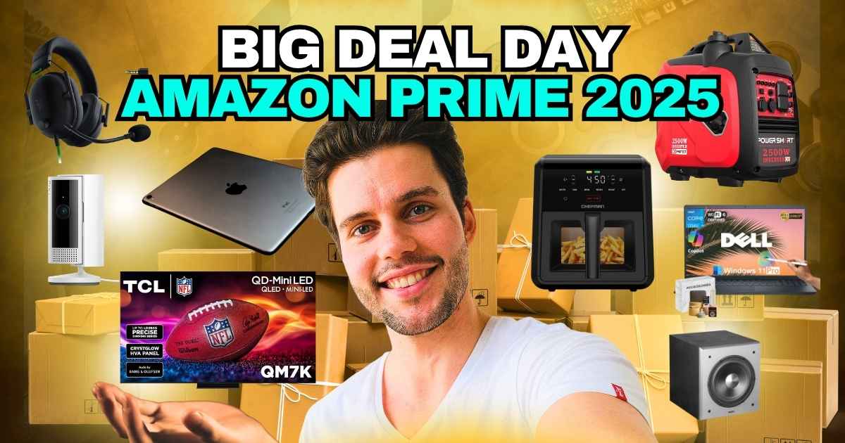 Top Amazon Prime Day Deals 2025 banner showcasing top deals and discounts for October 7-8 with vibrant shopping graphics.