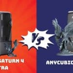 Elegoo Saturn 4 Ultra 16K and Anycubic M7 Pro 14K resin 3D printers side by side comparison showing build plates and printed miniatures