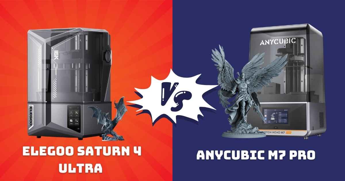 Elegoo Saturn 4 Ultra 16K and Anycubic M7 Pro 14K resin 3D printers side by side comparison showing build plates and printed miniatures
