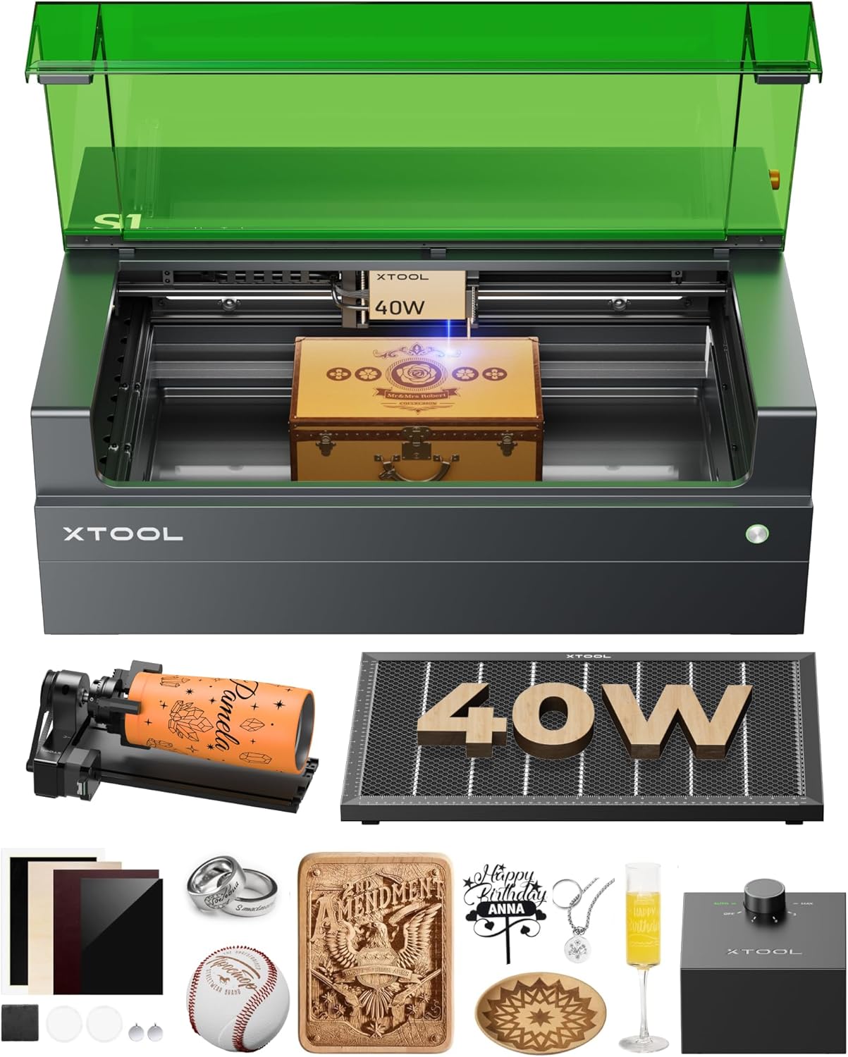 xTool S1 40W laser engraver with rotary attachment for tumblers, wood, and metal engraving - Cyber Monday bundle deal $1748