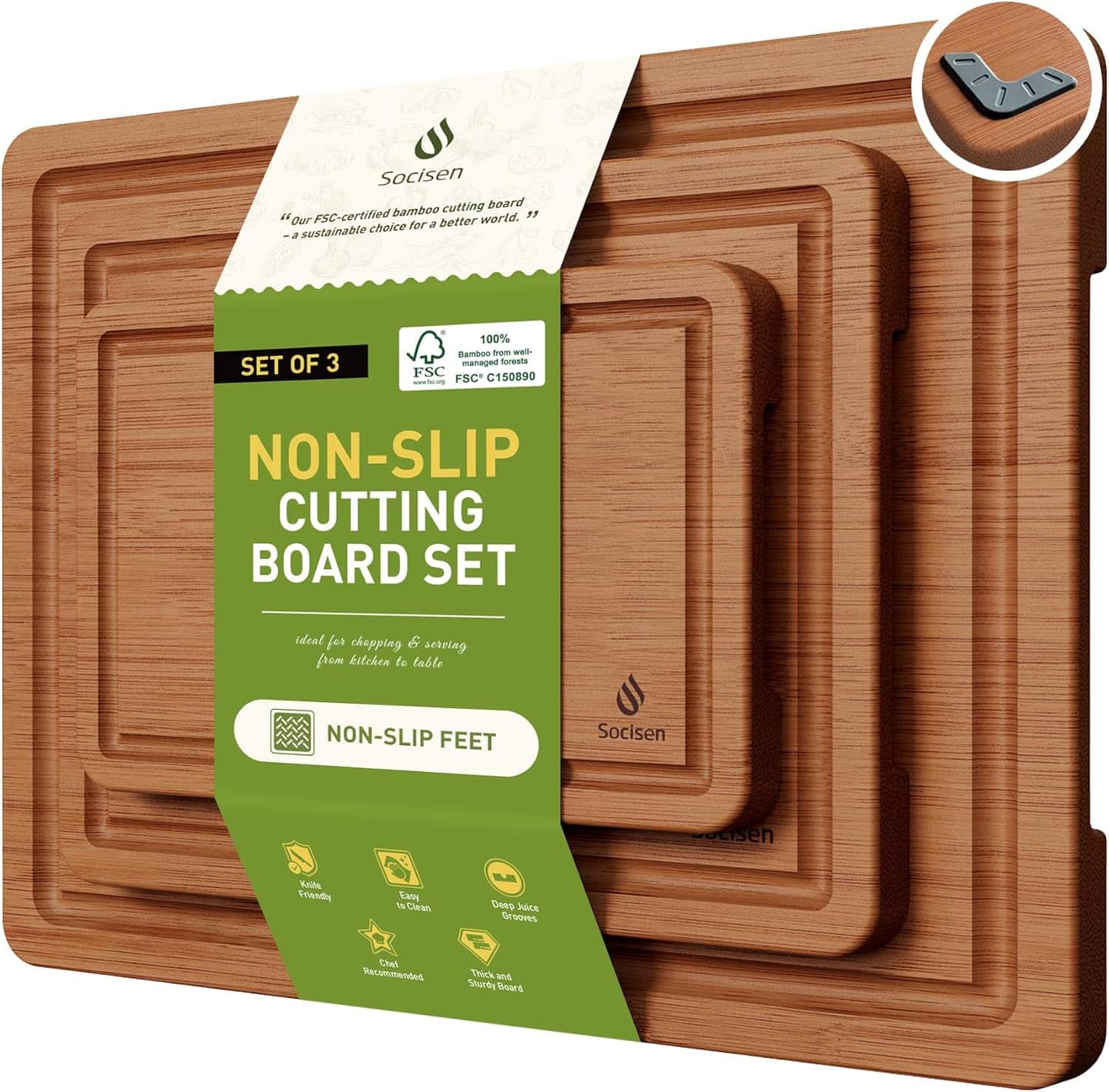 Set of three bamboo cutting boards with juice grooves and non-slip feet arranged showing different sizes