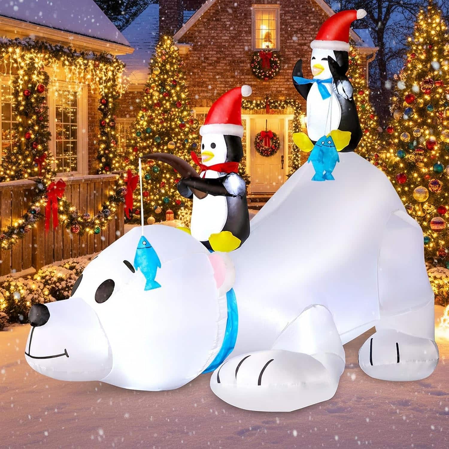 Illuminated 6-foot Christmas inflatable featuring polar bear with penguins in festive scene