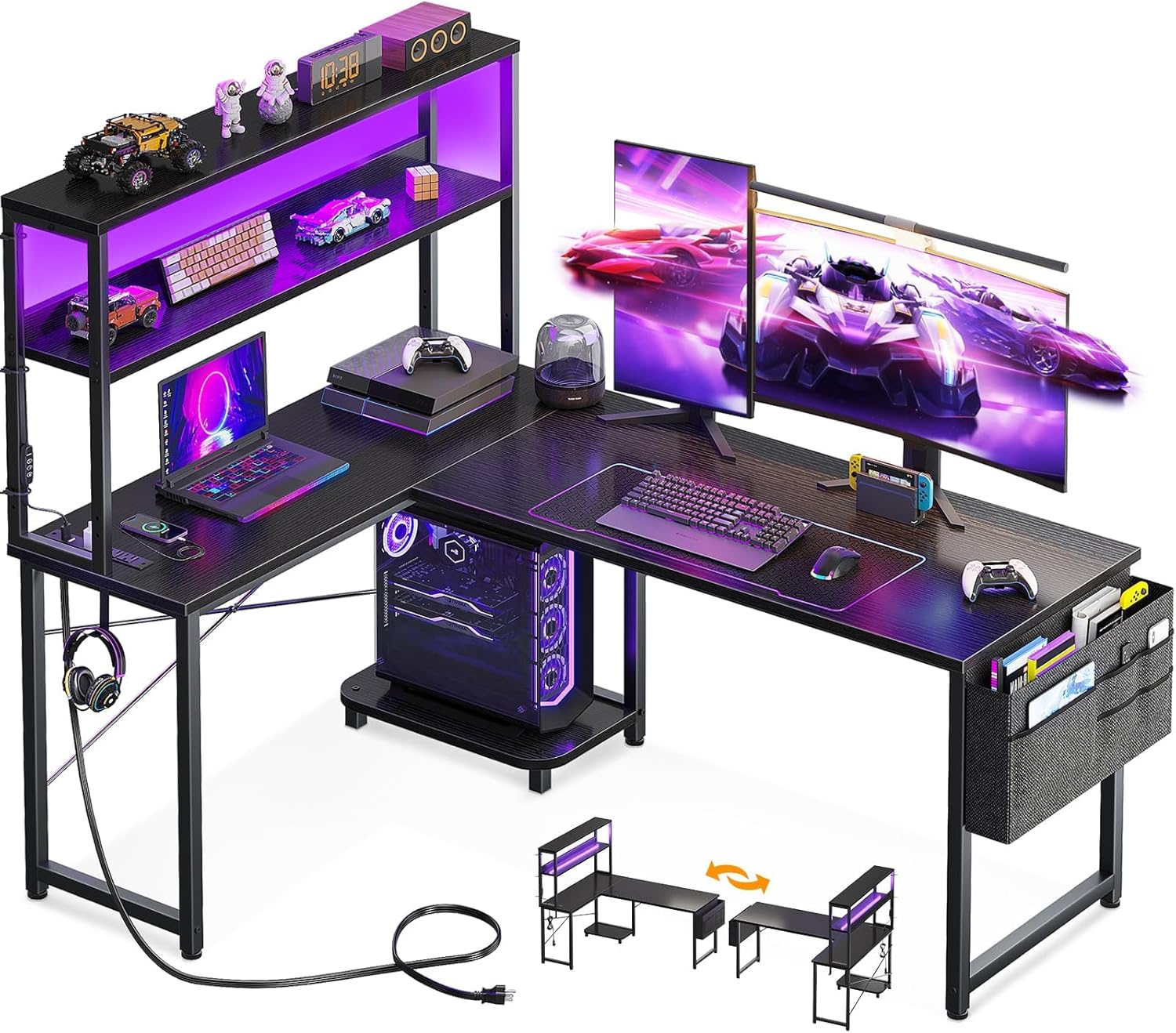 AODK L-shaped gaming desk with LED light strips, built-in power outlets, storage shelf and cable management