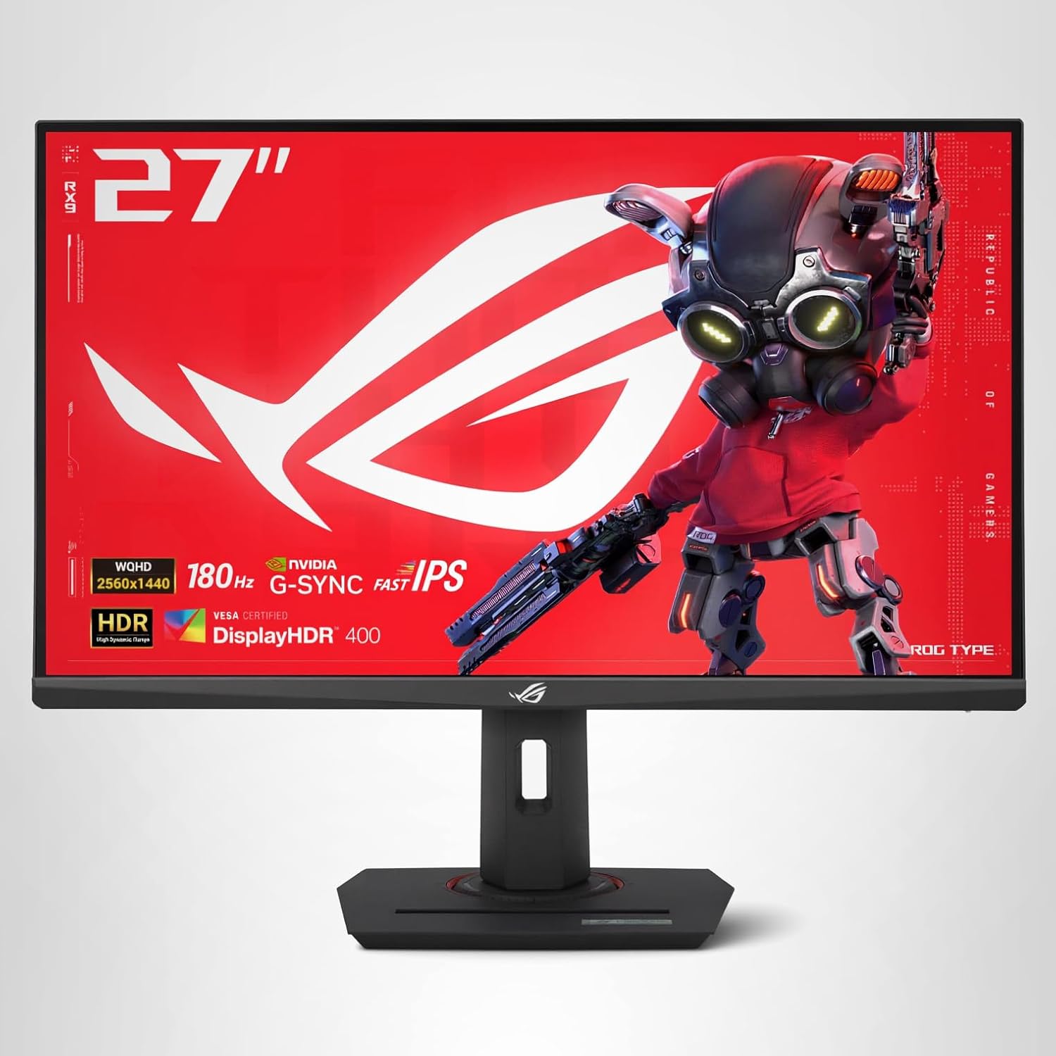 ASUS ROG Strix 27-inch QHD gaming monitor displaying vibrant game scene with slim bezels and ergonomic stand