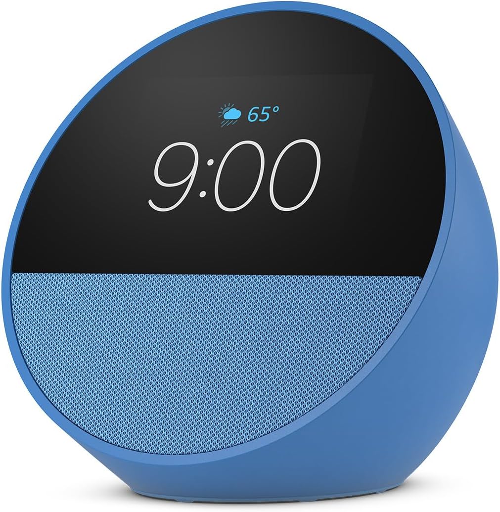 Amazon Echo Spot smart alarm clock in ocean blue