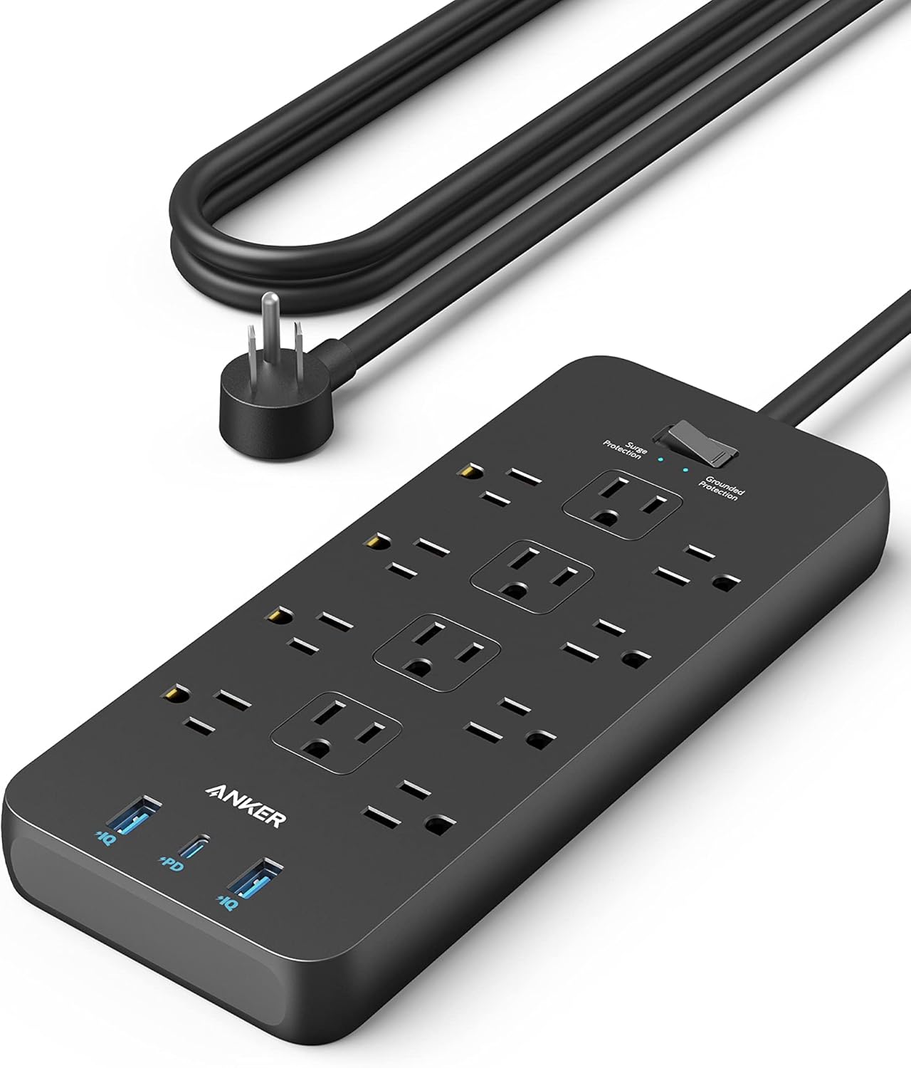 Anker power strip surge protector with 12 AC outlets and USB ports showing wide outlet spacing and safety features
