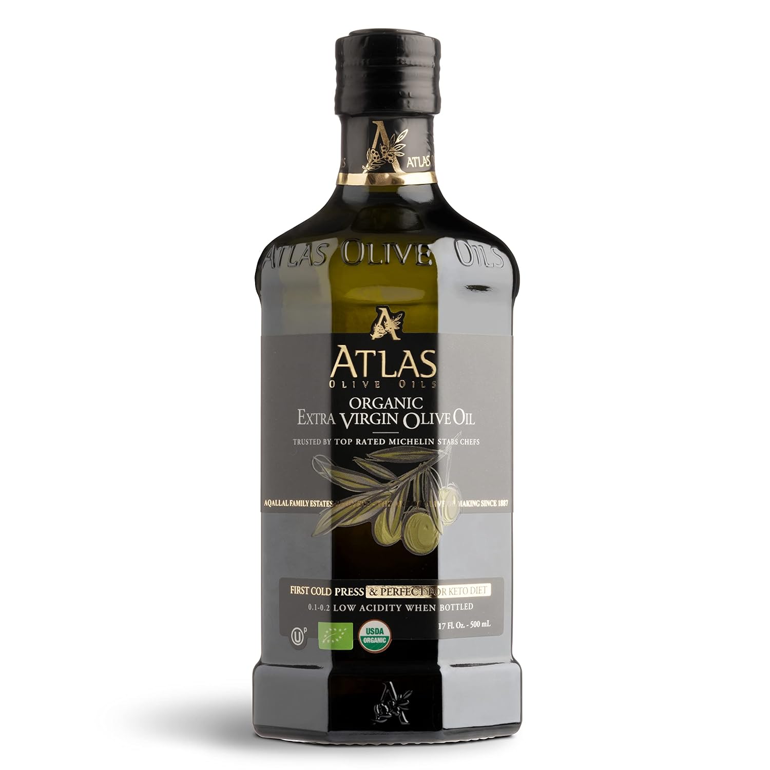 Atlas organic extra virgin olive oil bottle from Morocco showing premium labeling