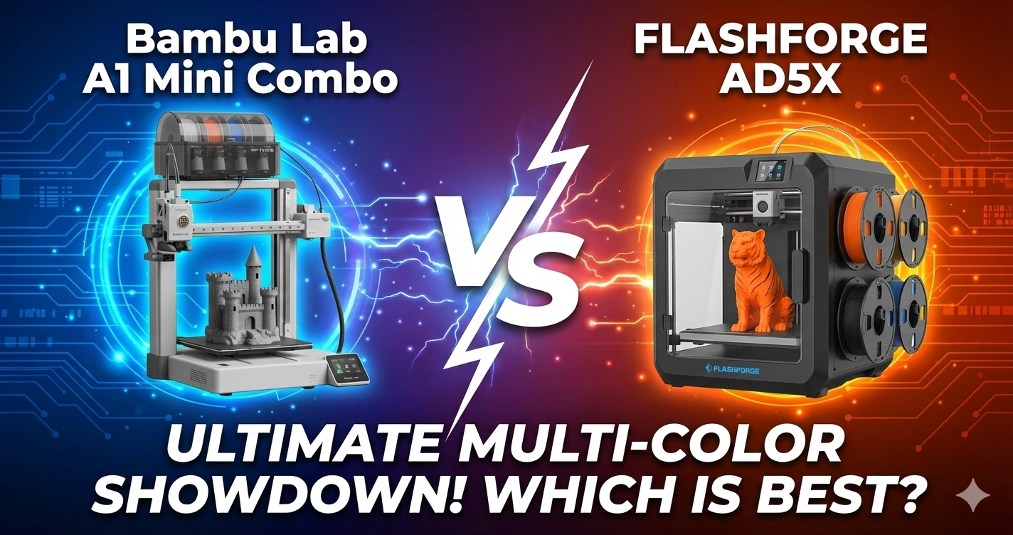Bambu Lab A1 Mini Combo vs FLASHFORGE AD5X Multi-Color 3D Printer comparison showing both printers side by side with multi-color prints