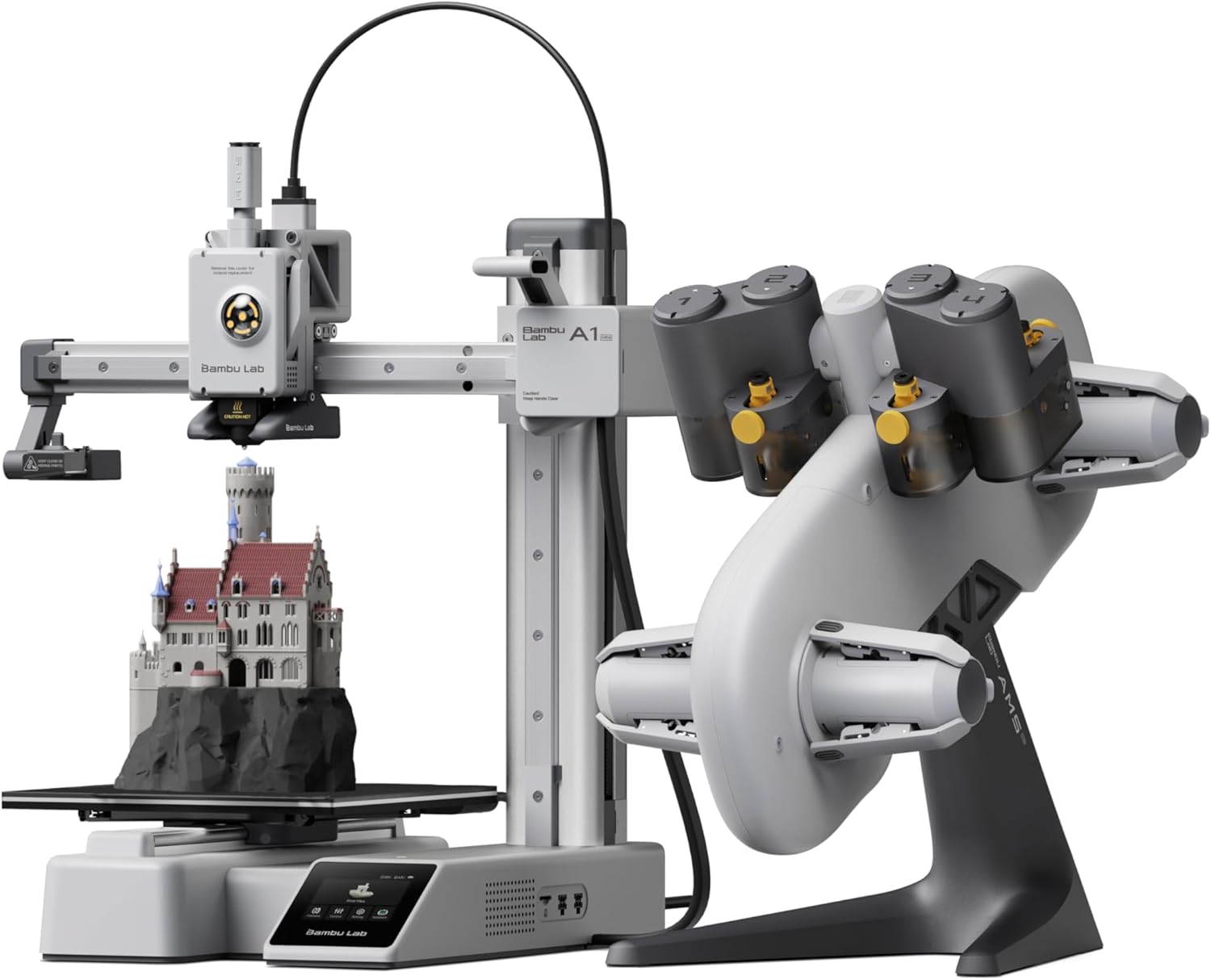 Bambu Lab A1 Mini Combo 3D printer with AMS lite multi-color system showing compact design and touchscreen interface