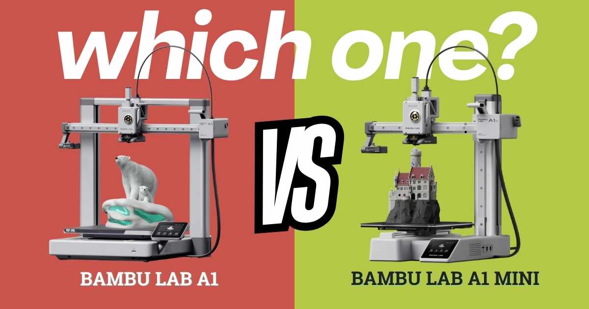 Bambu Lab A1 vs A1 Mini side by side comparison showing size difference and build volume for 3D printing enthusiasts