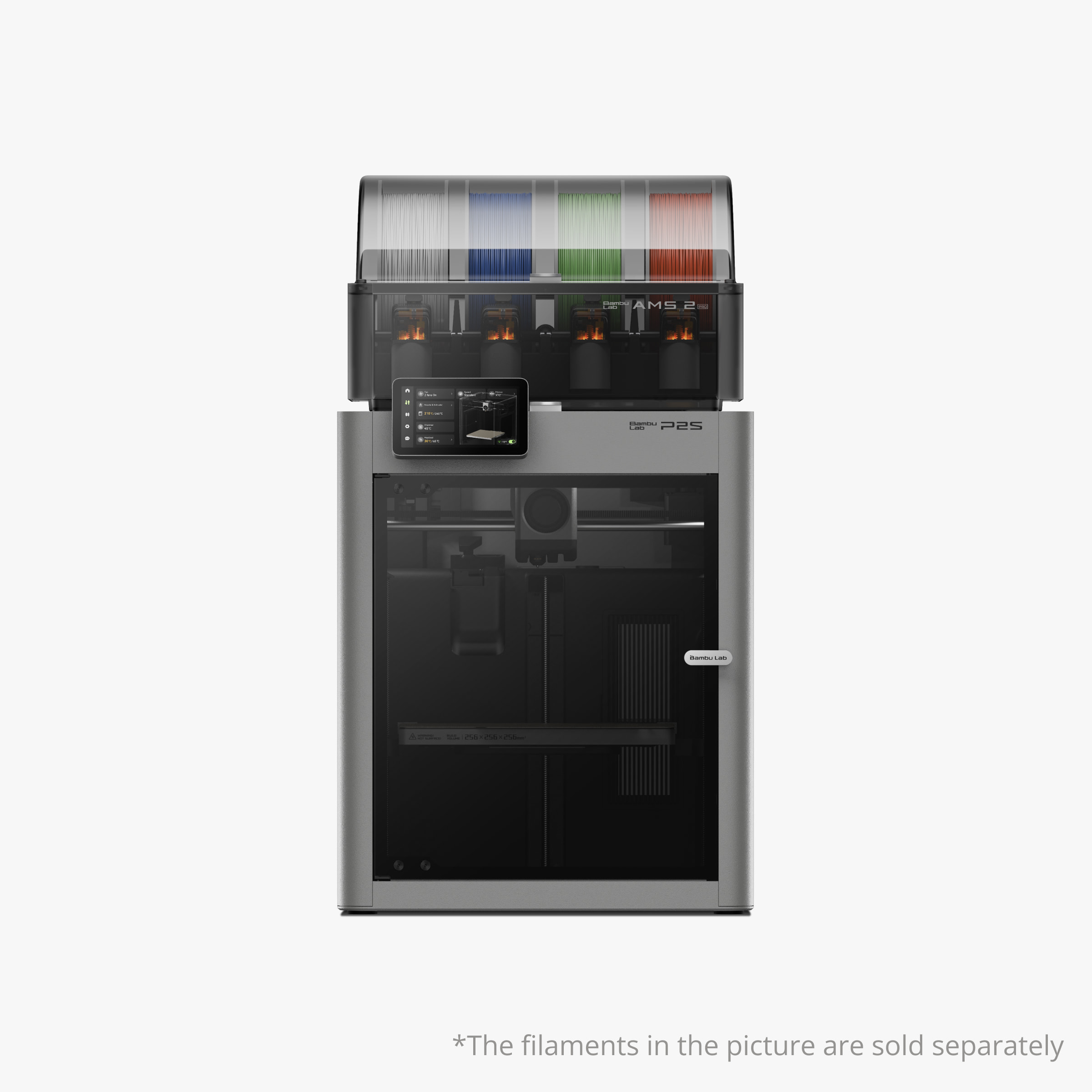 Bambu Lab P2S Combo 3D printer with AMS system showing advanced AI monitoring and quiet operation features