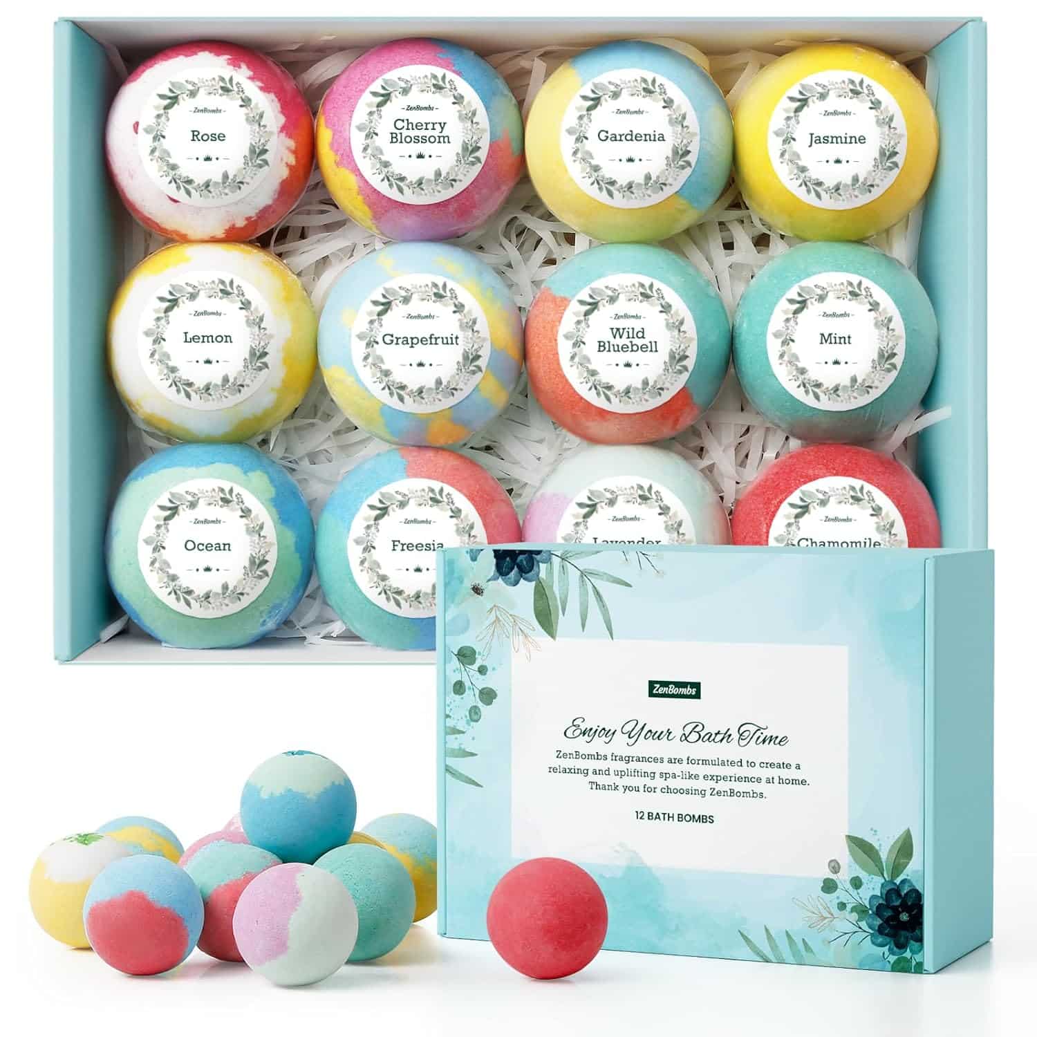 Colorful bath bomb gift set with 12 handmade bombs in various colors and scents