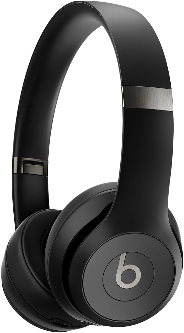 Beats Solo 4 wireless headphones in matte black showing cushioned ear cups and foldable design
