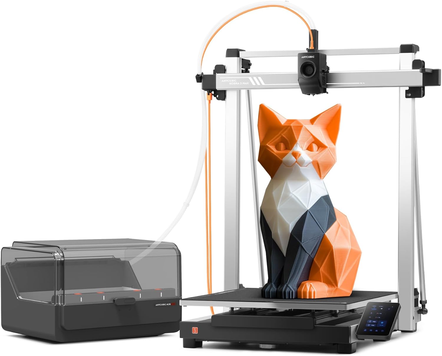 Anycubic Kobra 3 Max Combo 3D printer with orange accent colors showing massive 420mm build plate
