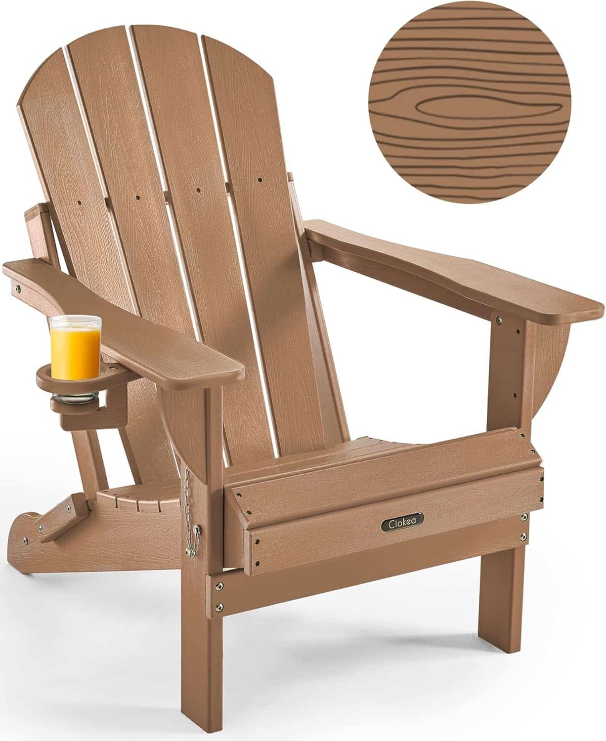 Ciokea folding Adirondack chair in teak wood texture with cup holder on outdoor patio