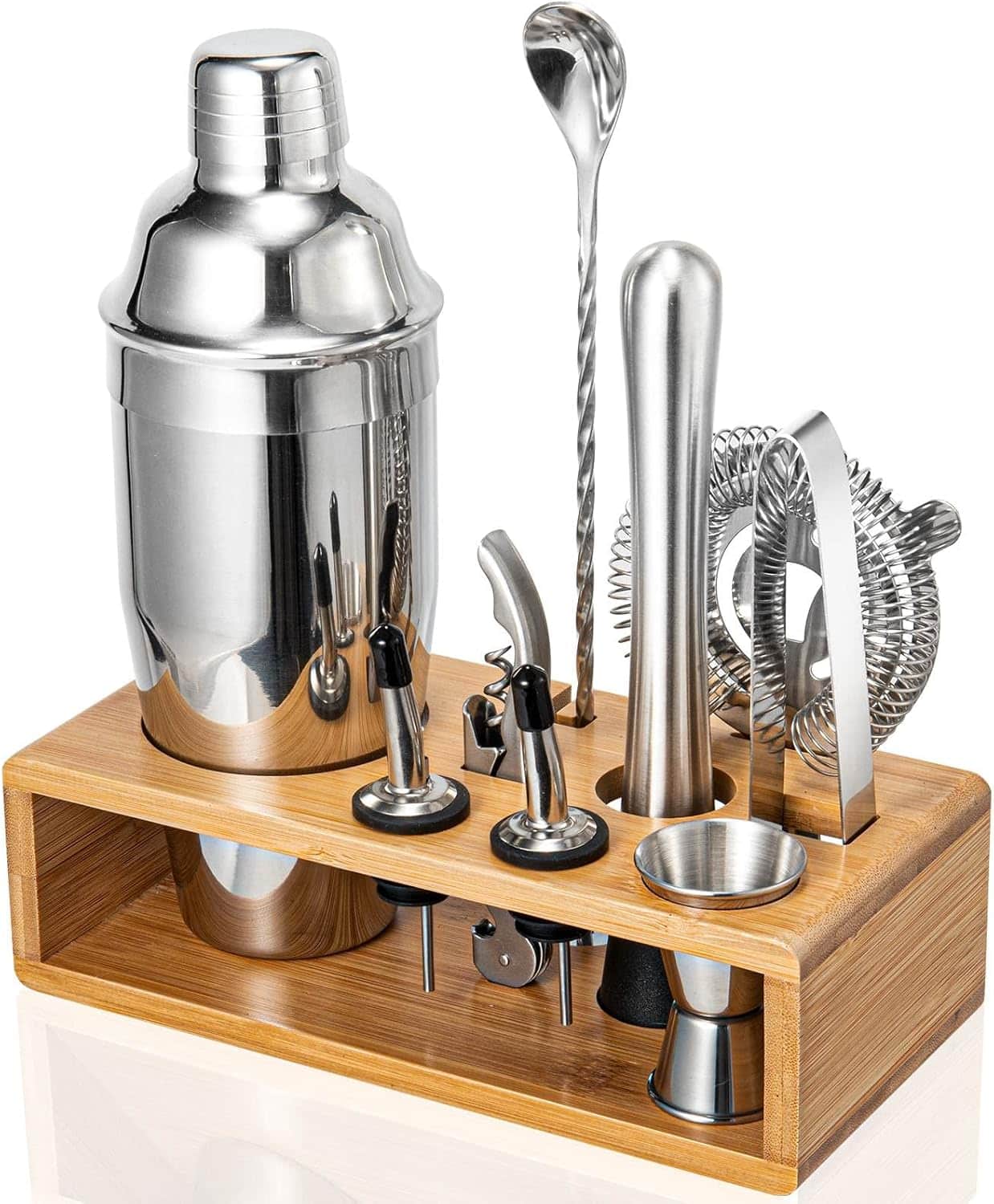 10-piece stainless steel cocktail shaker set with bamboo stand and bar tools