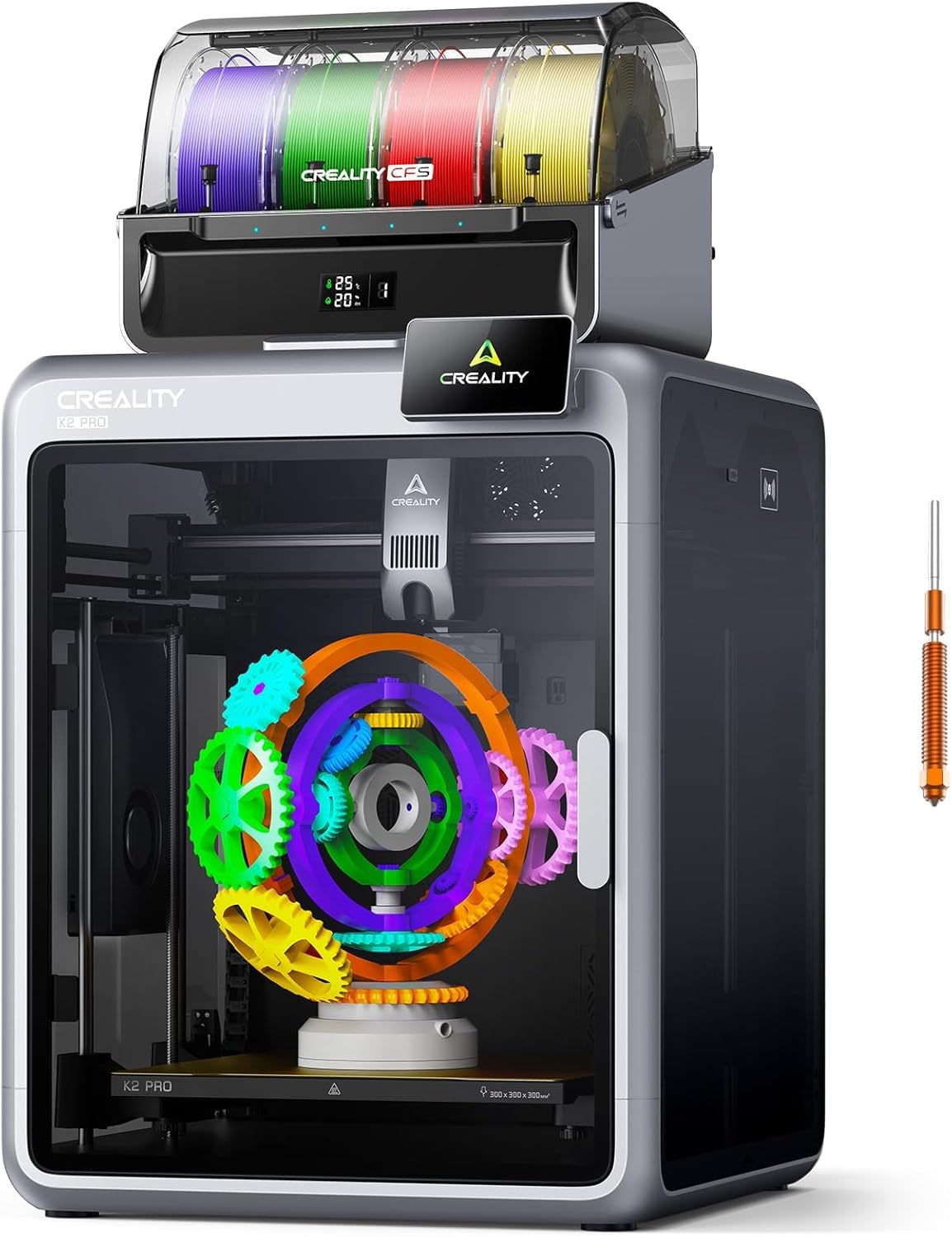 Creality K2 Pro Combo 3D printer with CFS unit showing four filament spools and enclosed chamber