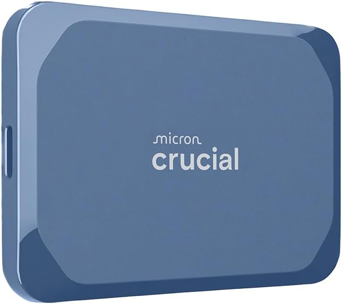 Crucial X10 portable SSD in blue showing compact credit card size with USB-C cable for fast external storage