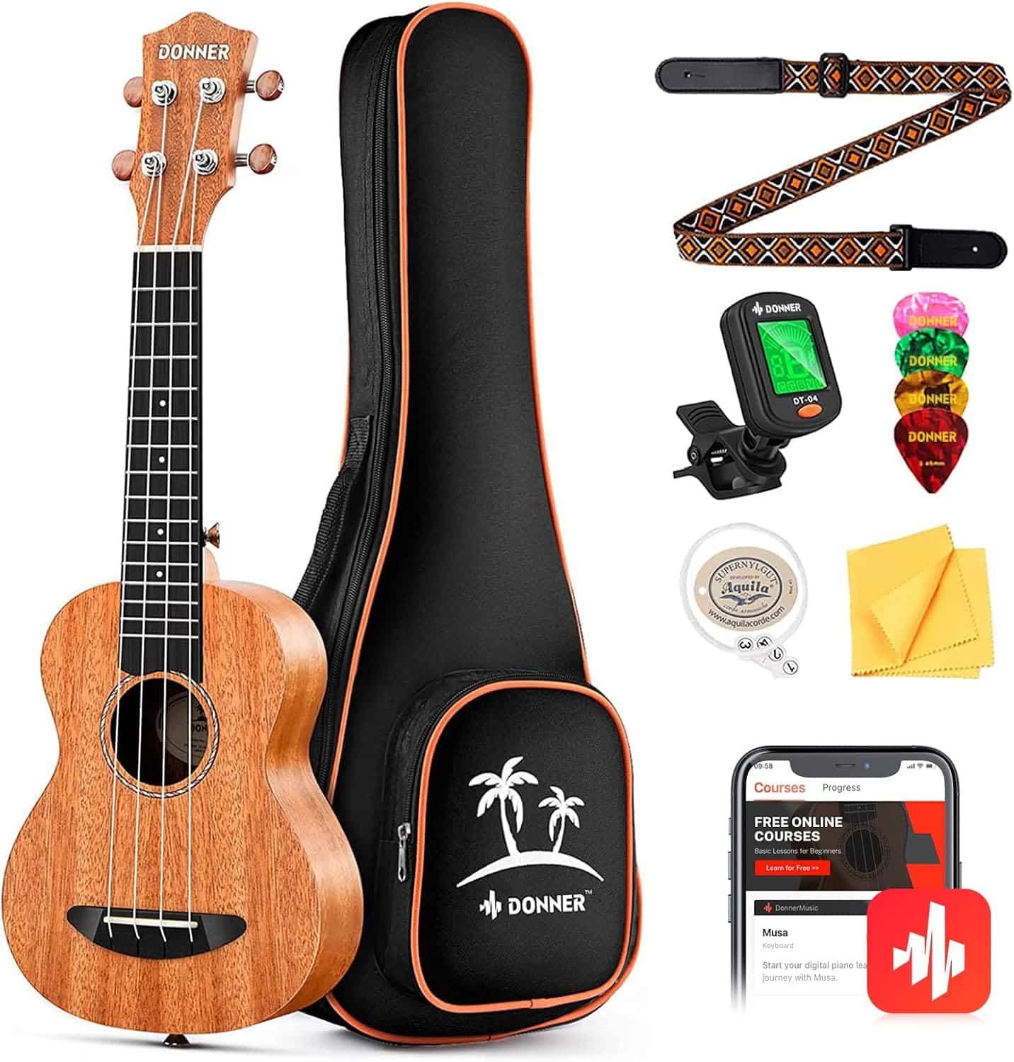 Donner 23-inch mahogany concert ukulele with gig bag and full accessory kit displayed