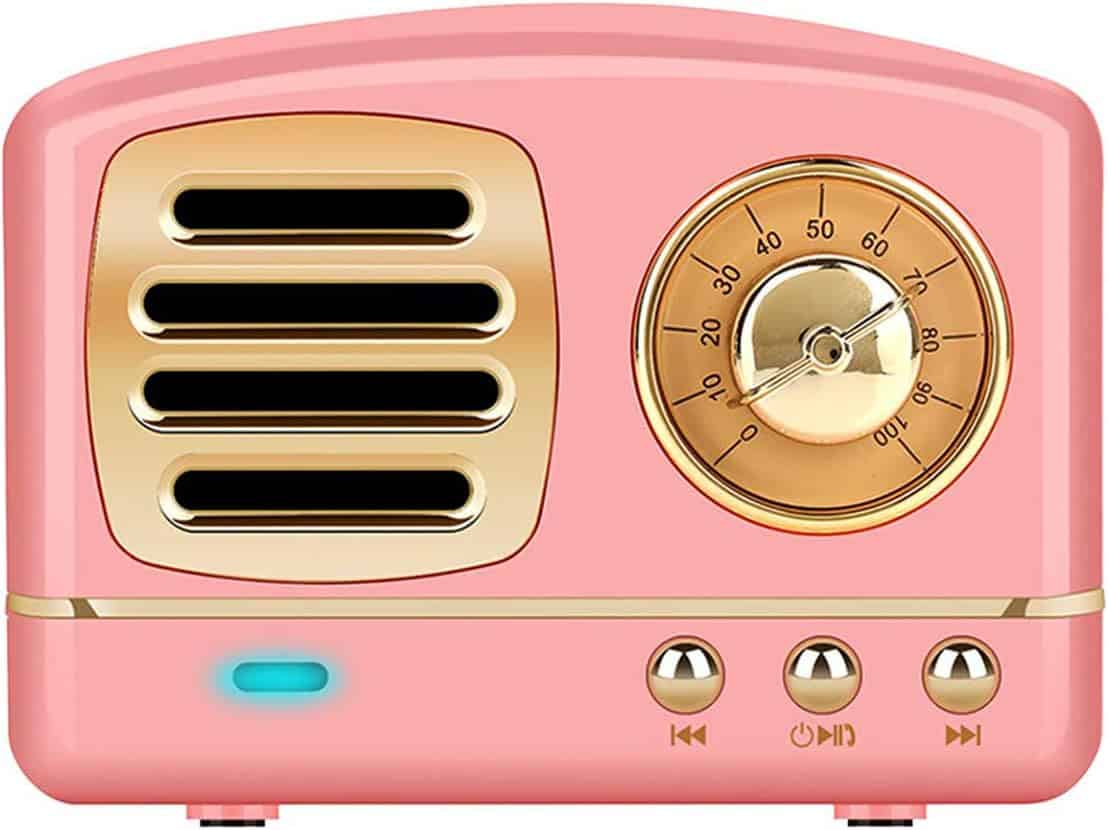 Dosmix retro-styled mini bluetooth speaker in pink showing compact portable design
