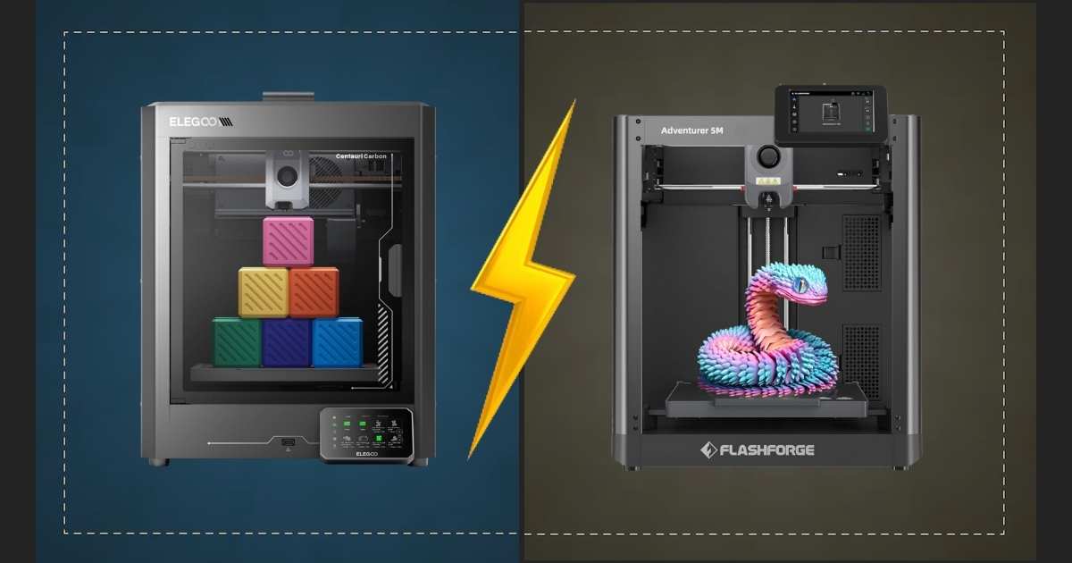 ELEGOO Centauri Carbon vs FLASHFORGE Adventurer 5M side by side comparison showing CoreXY high speed 3D printers
