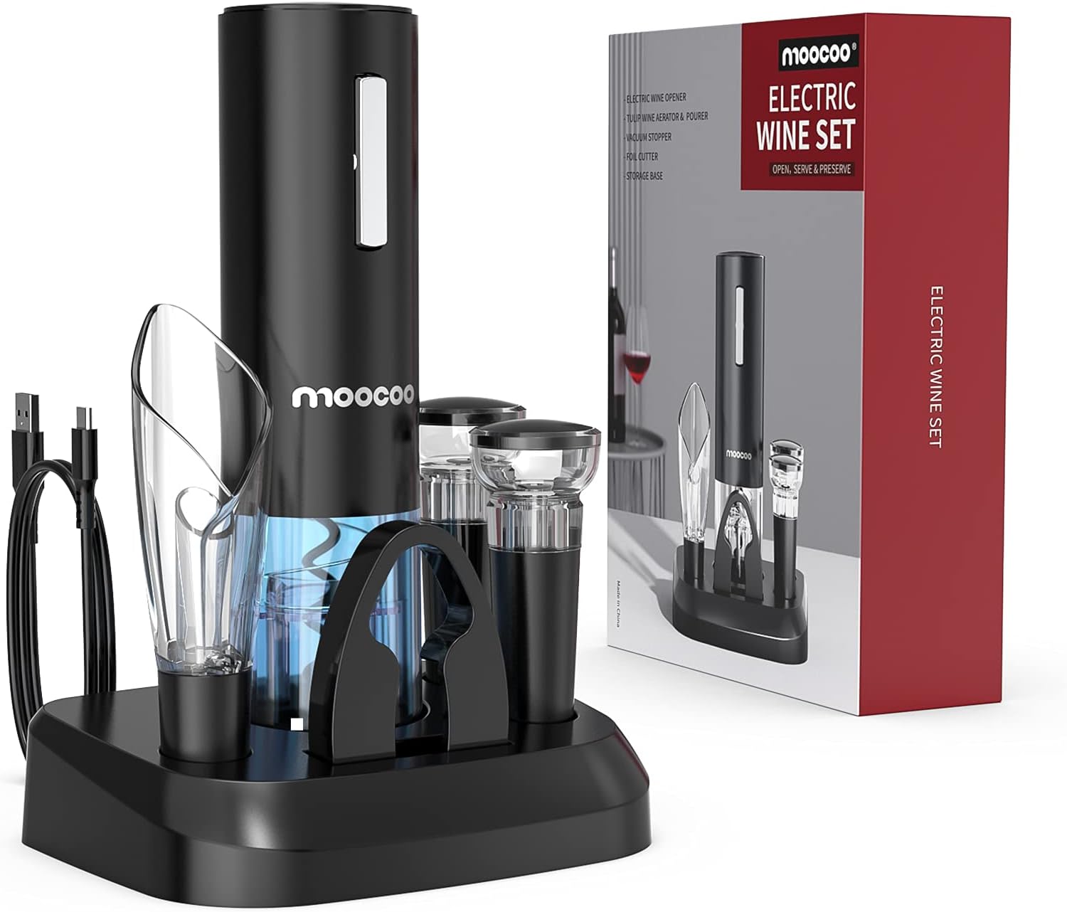 Moocoo electric wine opener with charging station, aerator, foil cutter, and preservation stoppers