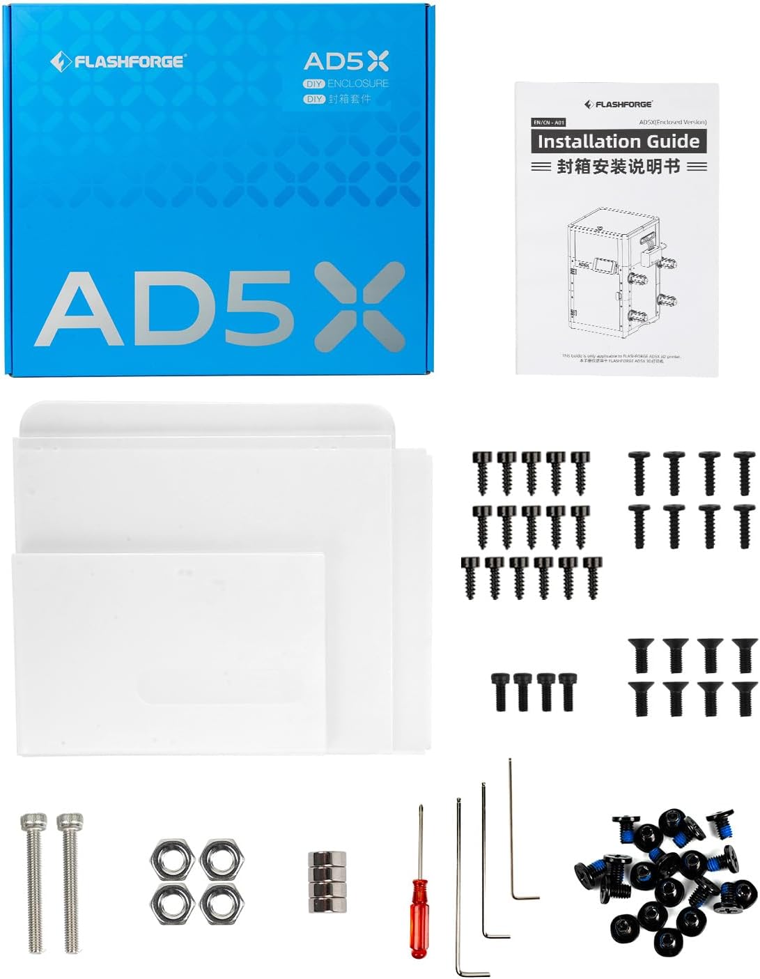 Official FLASHFORGE AD5X enclosure kit showing DIY assembly design with noise and odor reduction features