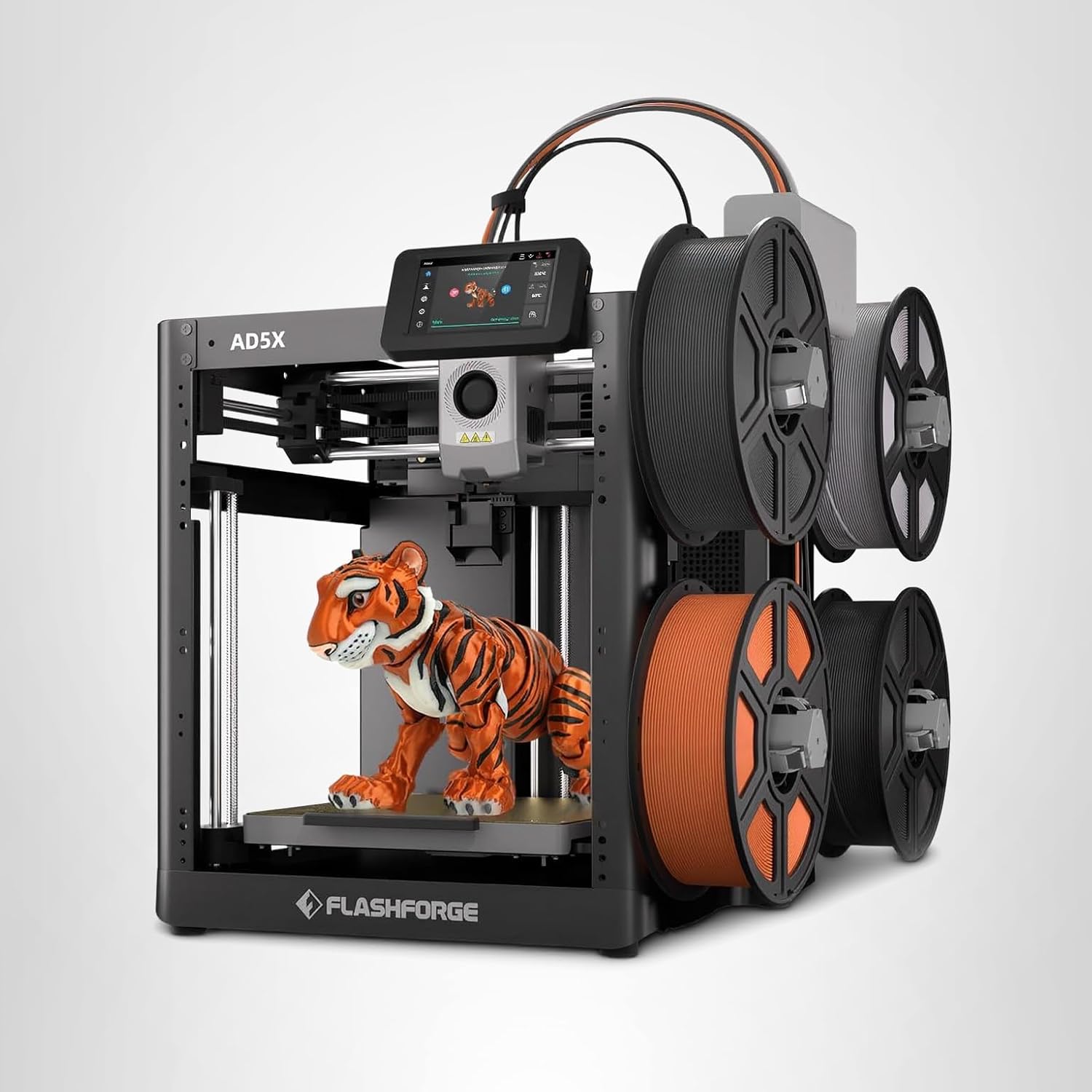 FLASHFORGE AD5X 3D printer with 4-color IFS system showing CoreXY design and larger build volume capacity