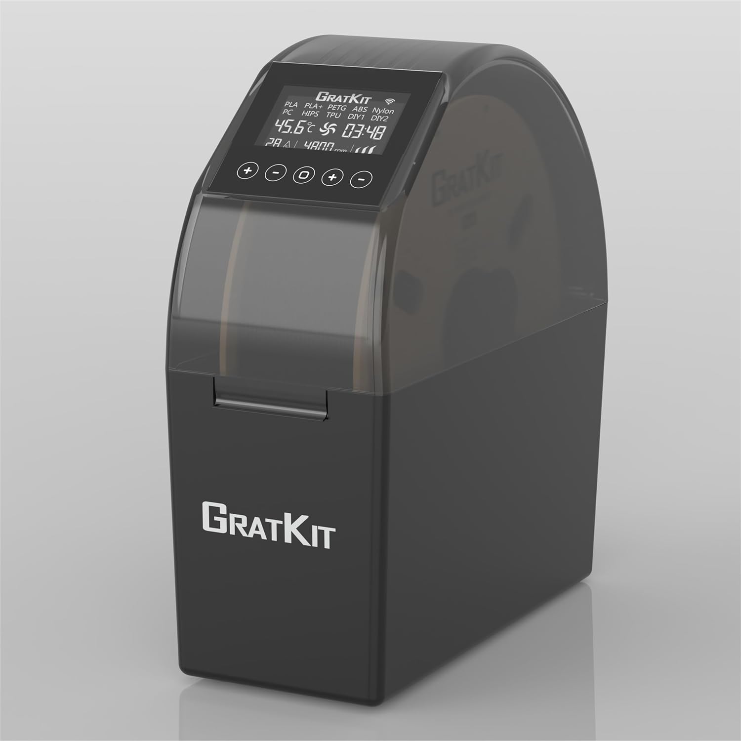 GratKit Firefly V2.0 filament dryer with hanging spool design and dual fan system showing RGB LED lighting effects for moisture control