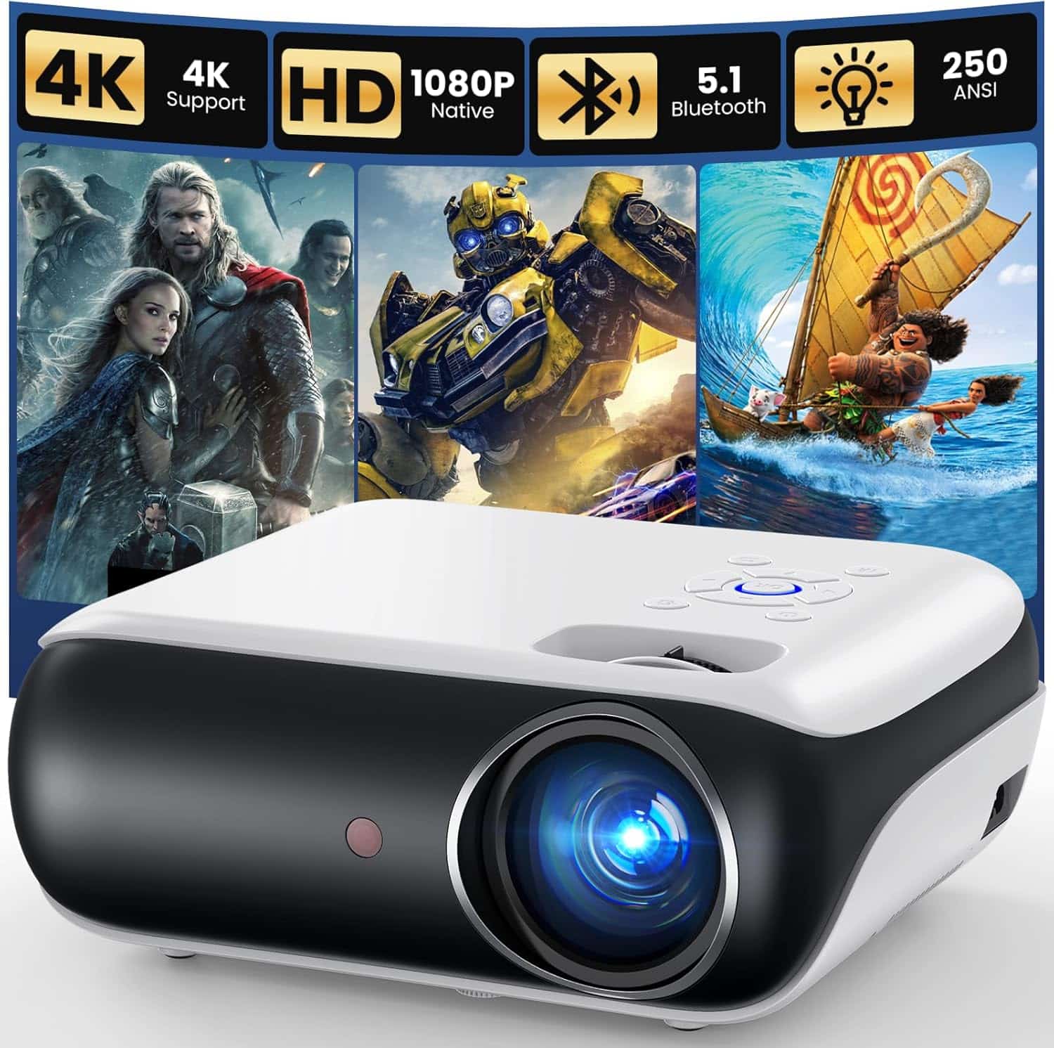 HAPPRUN compact portable projector with built-in speaker showing projection capabilities