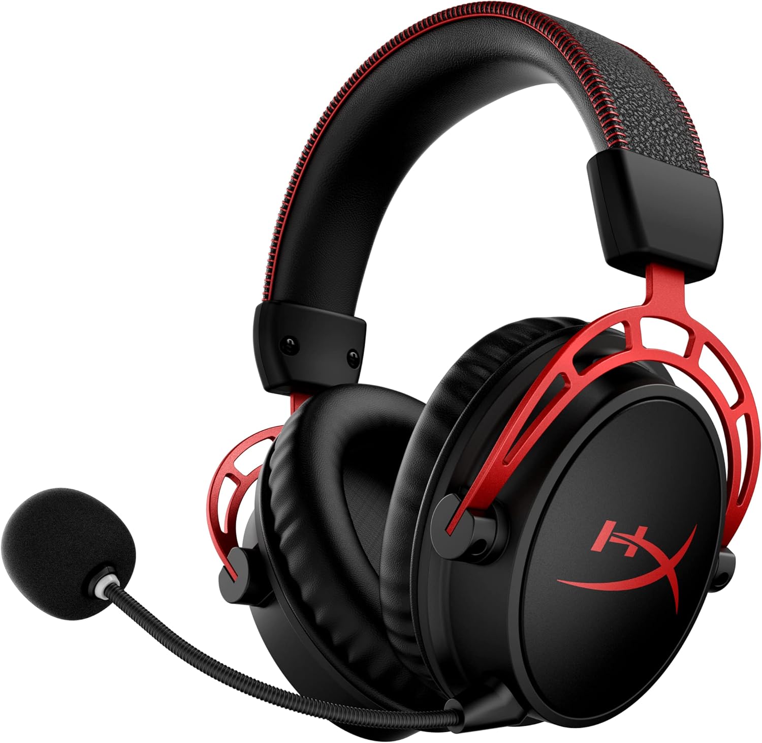 HyperX Cloud Alpha Wireless gaming headset in red and black with memory foam ear cups and detachable noise-canceling microphone