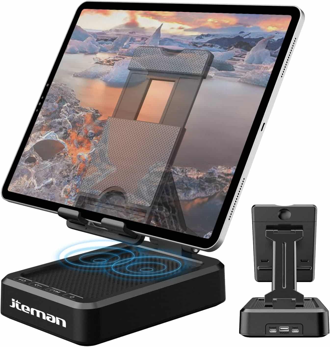 JTEMAN adjustable tablet stand with integrated bluetooth speaker holding tablet at angle