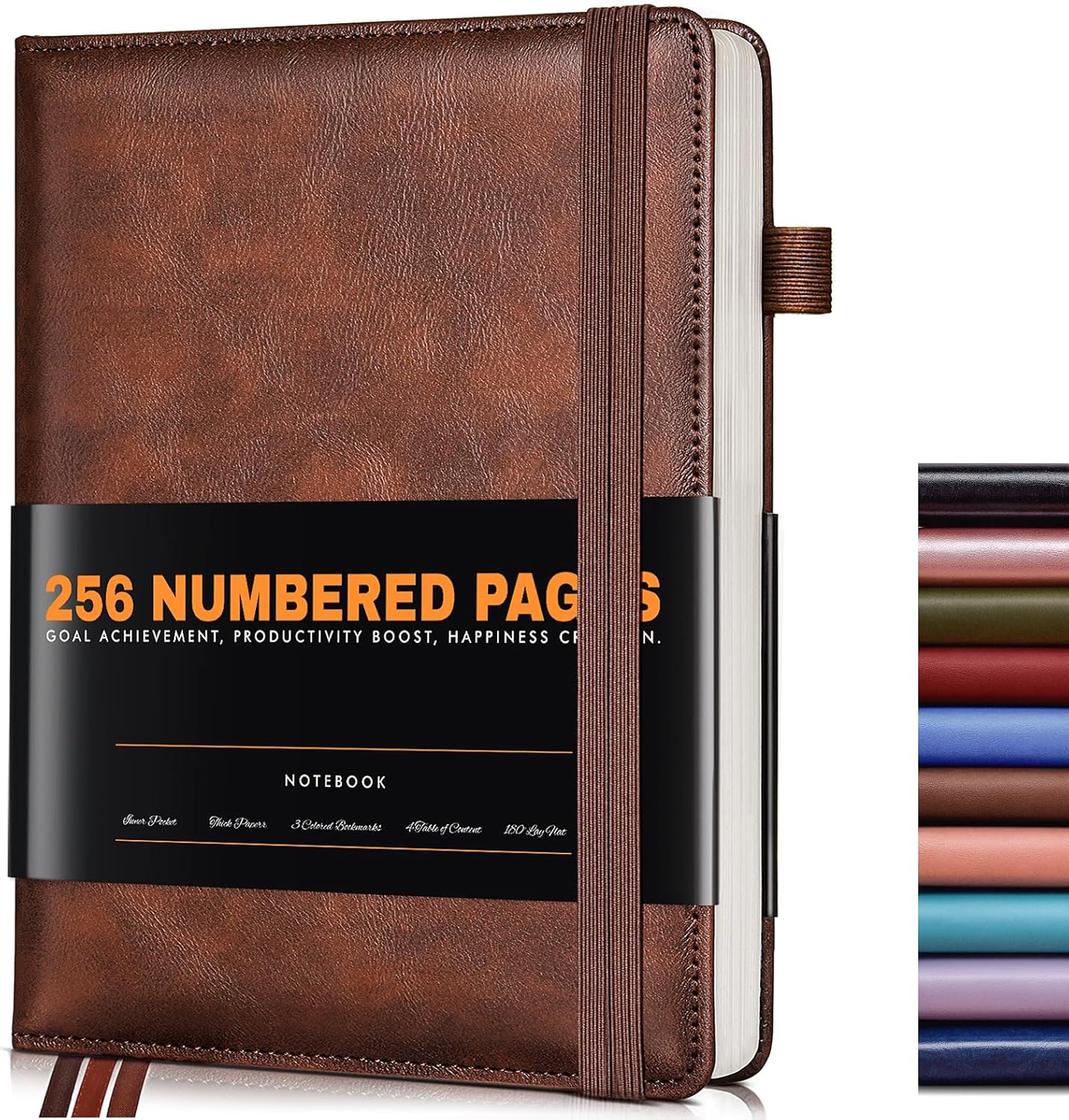 Brown leather hardcover journal with numbered pages showing quality binding and paper