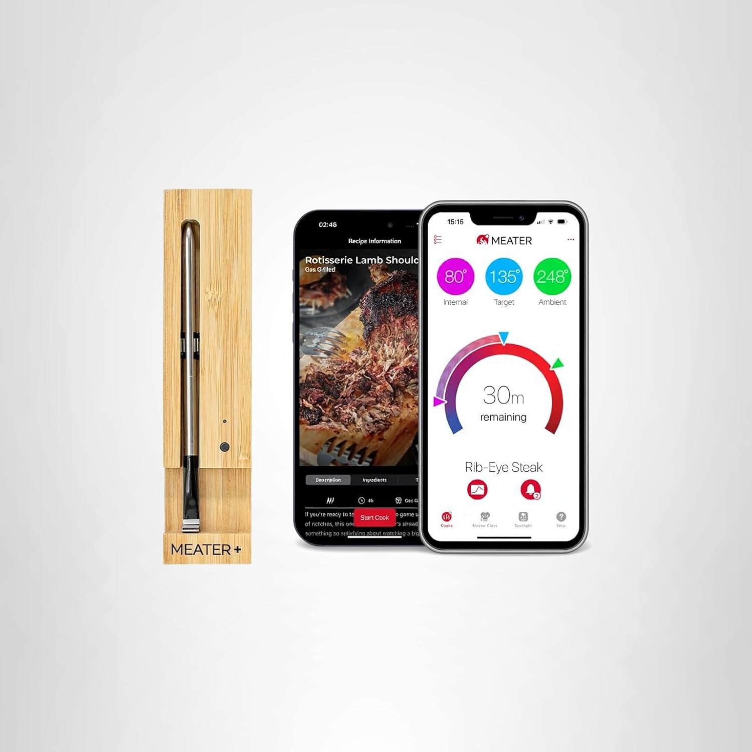 MEATER Plus wireless meat thermometer with bamboo charging case and smartphone app display