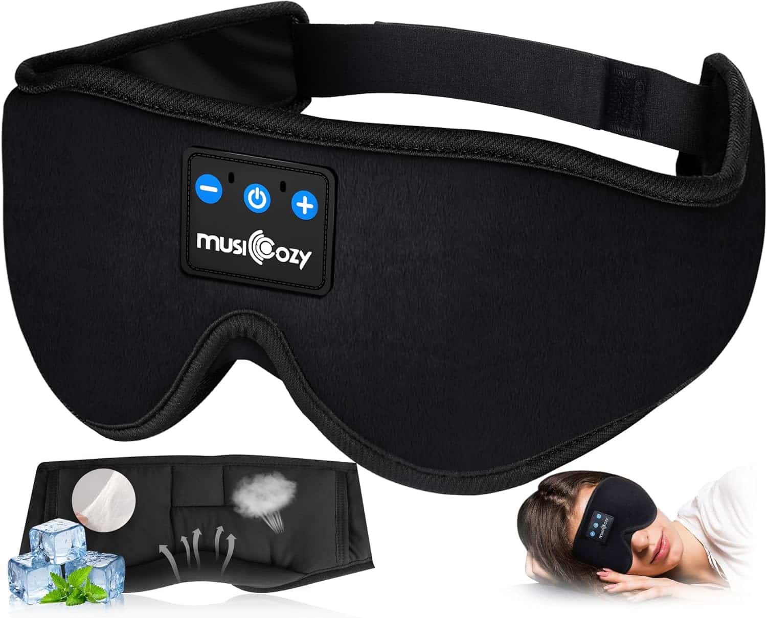 MUSICOZY bluetooth sleep mask headphones in blue showing comfortable headband design