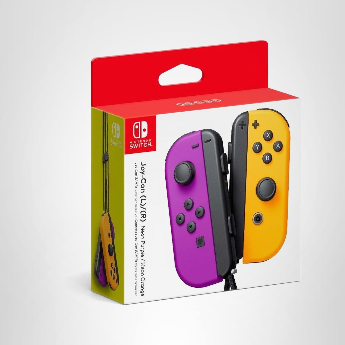 Nintendo Switch Joy-Con controllers in neon purple and orange