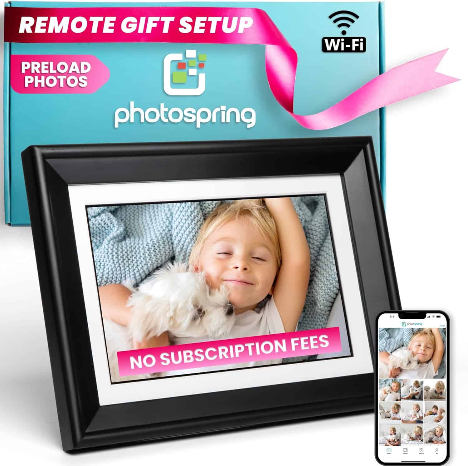PhotoSpring 10-inch digital picture frame displaying family photos with touchscreen interface