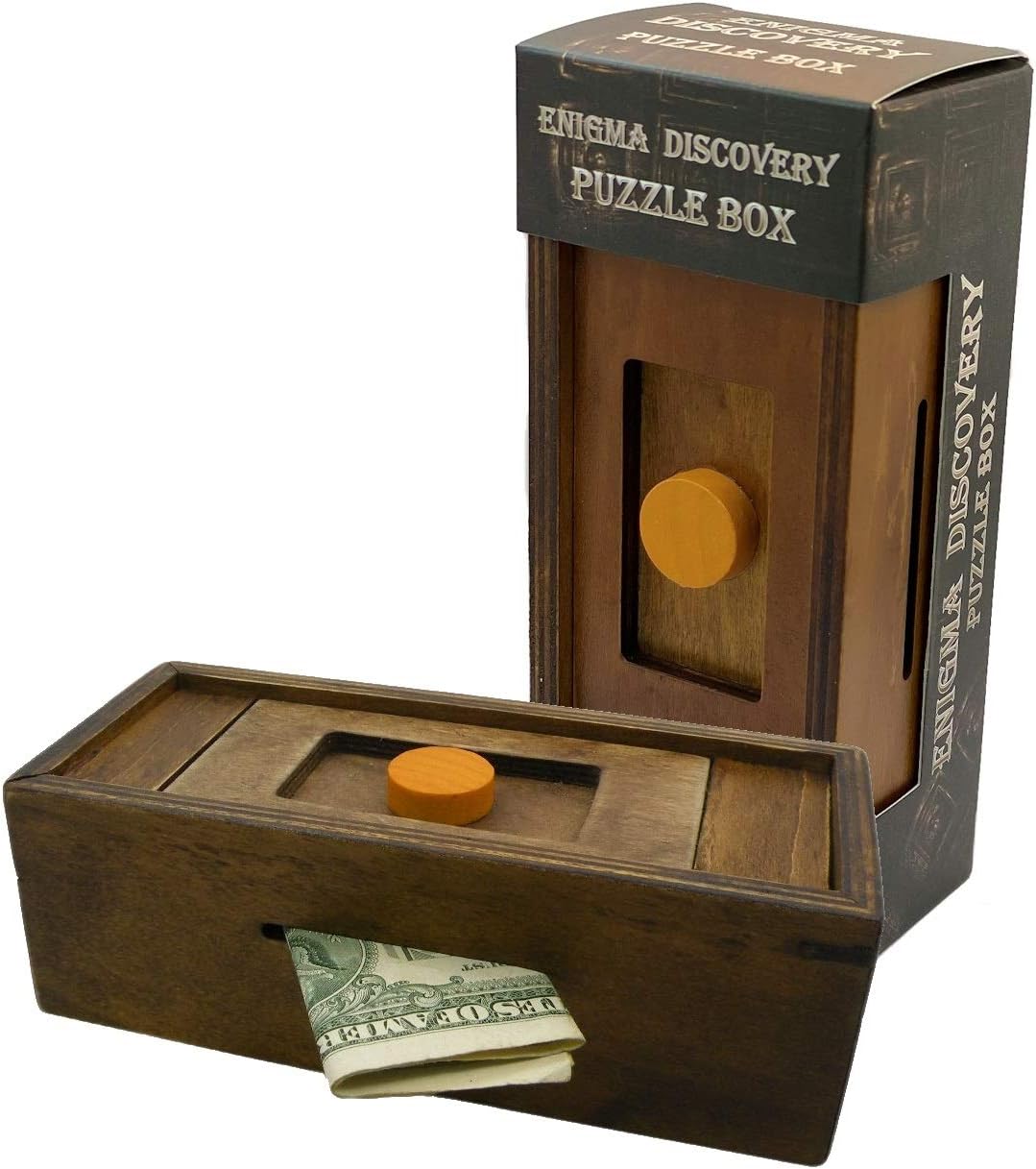 Wooden puzzle box with hidden compartment and intricate locking mechanism