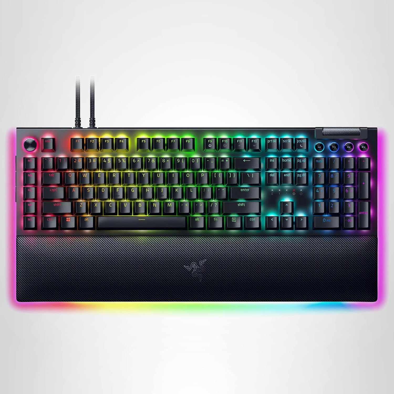 Razer BlackWidow V4 Pro mechanical gaming keyboard with RGB Chroma lighting, command dial, and magnetic wrist rest on black background