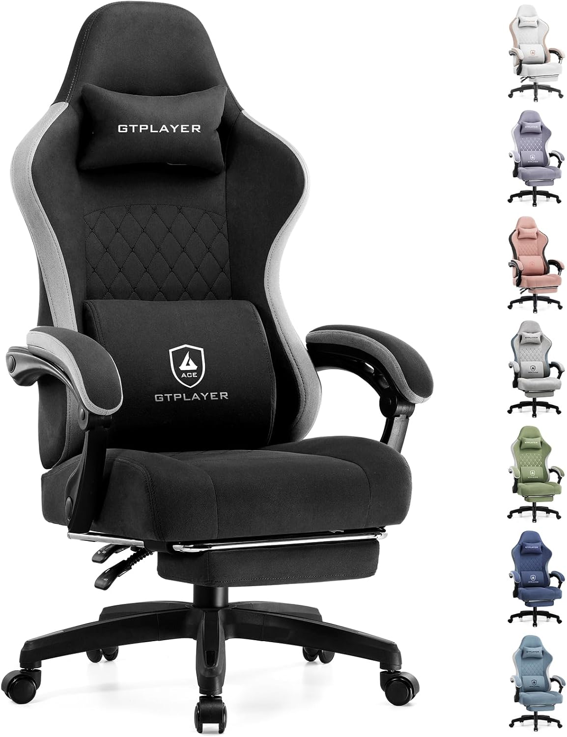 GTPLAYER ergonomic gaming chair in black with lumbar support, footrest, and pocket spring cushion showing adjustable armrests