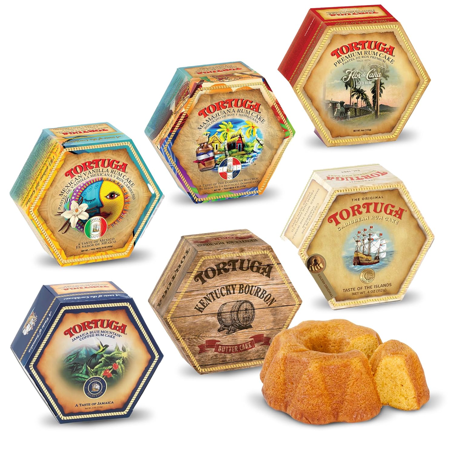 Tortuga rum cake variety pack showing six individually wrapped 4oz Caribbean cakes