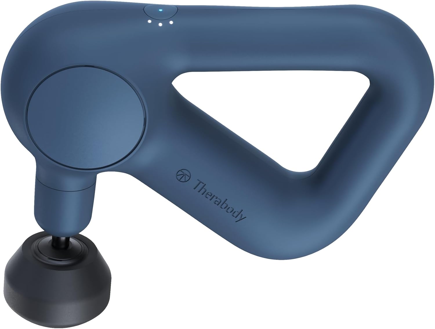 TheraGun relief percussion massager in navy showing ergonomic handle and attachment heads