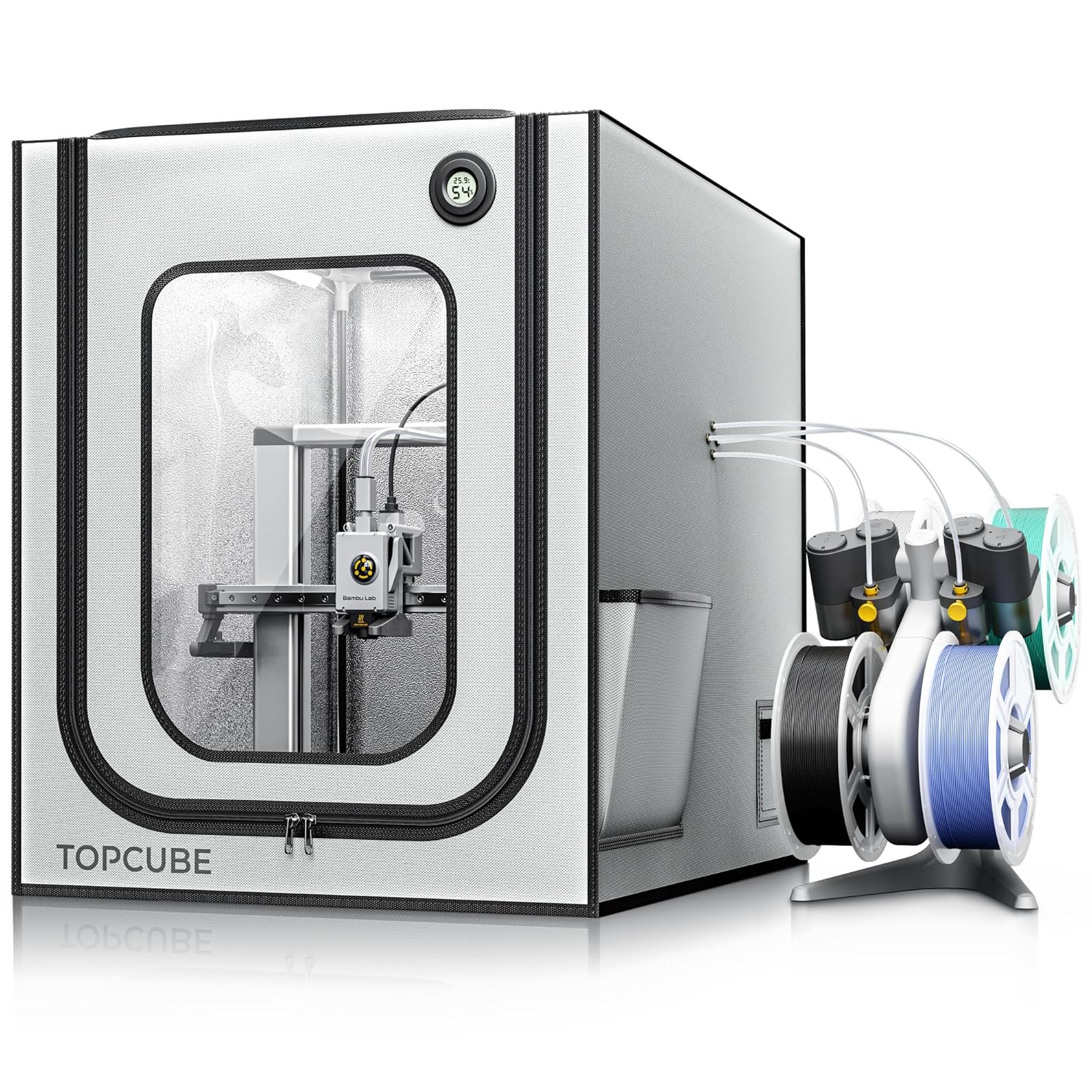 TopCube enclosure for Bambu Lab A1 with LED lighting and transparent observation window for temperature control and dust protection