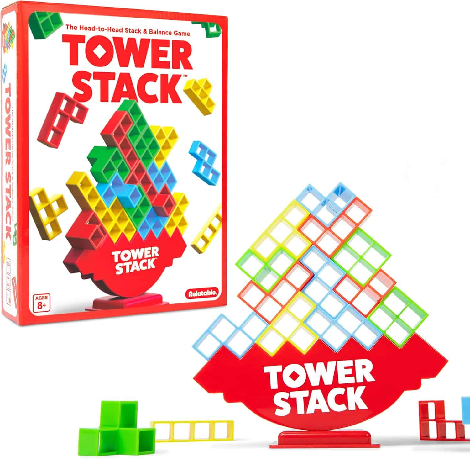 Tower Stack magnetic block stacking game with colorful pieces and cards displayed on table