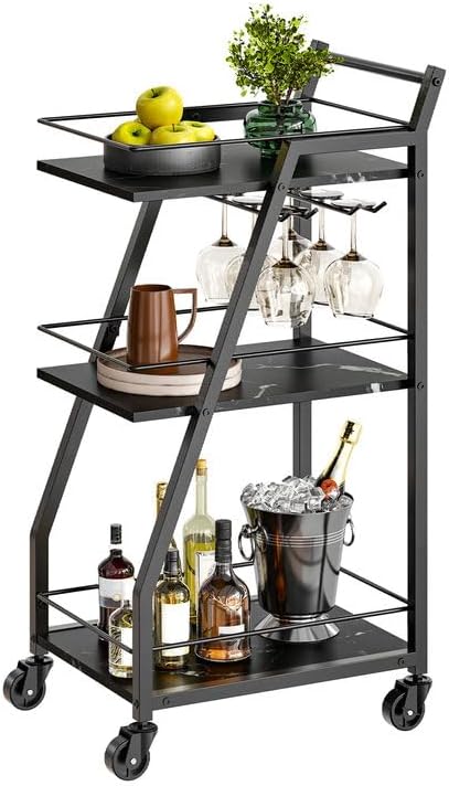 Modern rolling bar cart with marble-effect top tier, glass holder rack, and wine storage on wheels