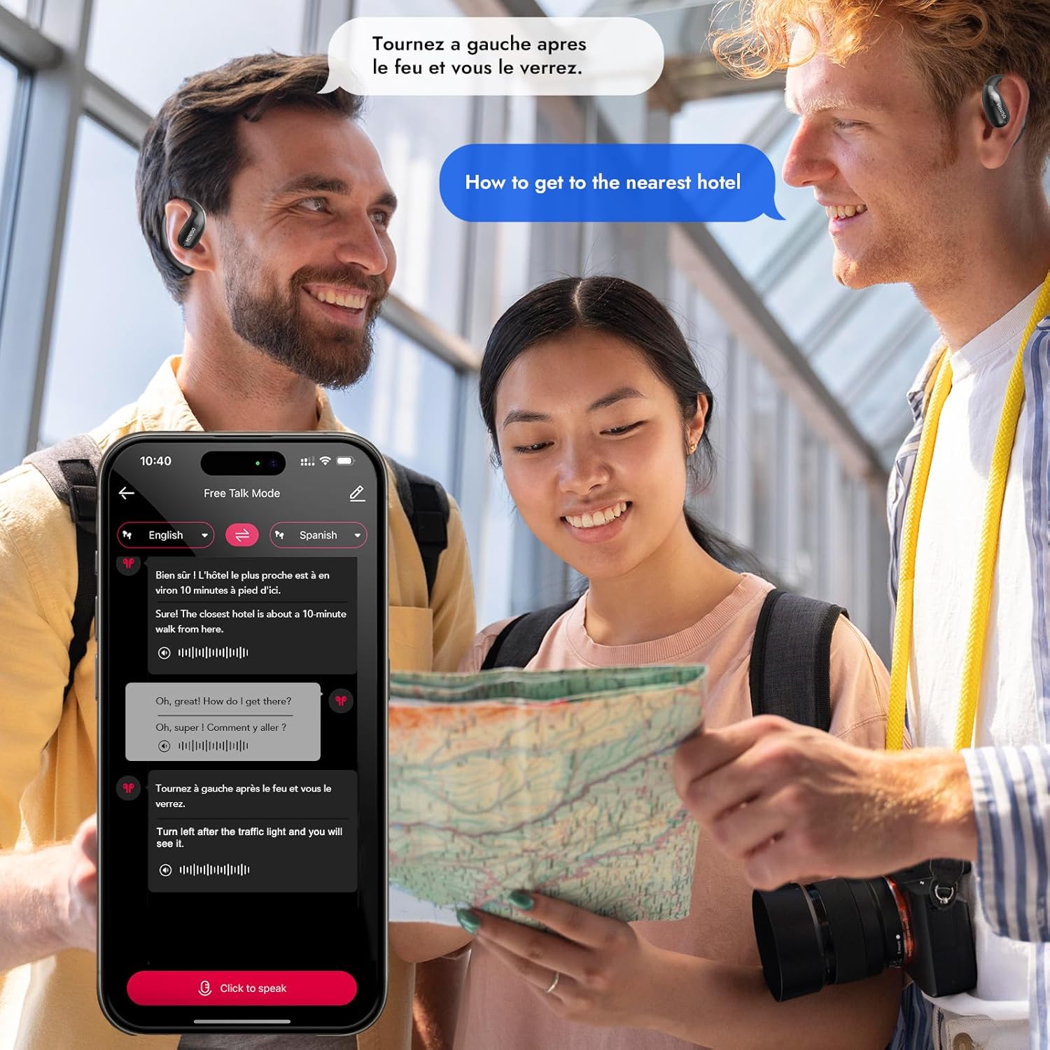 Real-time translation example showing how to ask directions to nearest hotel using AI translation earbuds